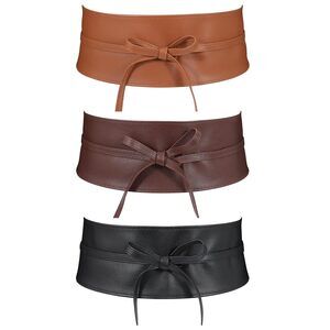 6551 3 Pack Women Wrap Around Obi Leather Belts Pu Leather Lace Up Bowknot